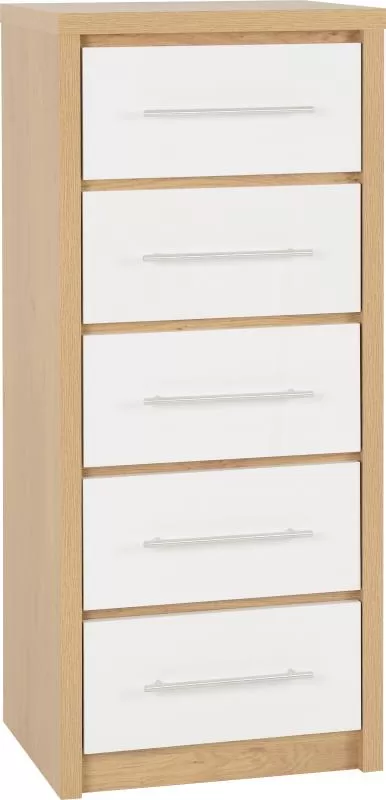 Seville 5 Drawer Narrow Chest in White High GlossLight Oak Effect Veneer