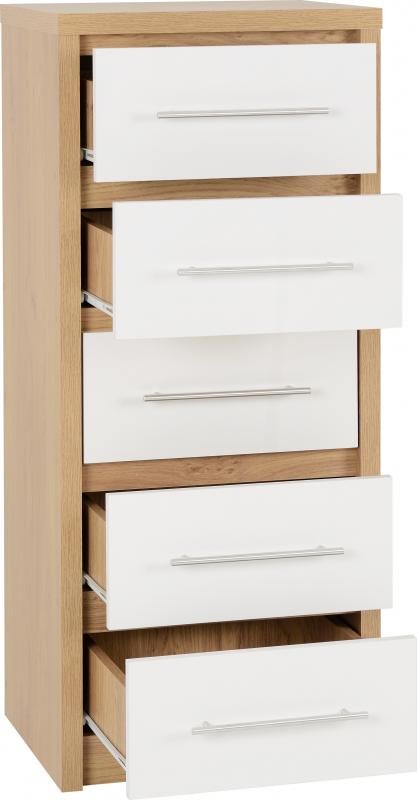 Seville 5 Drawer Narrow Chest in White High GlossLight Oak Effect Veneer - Image 2