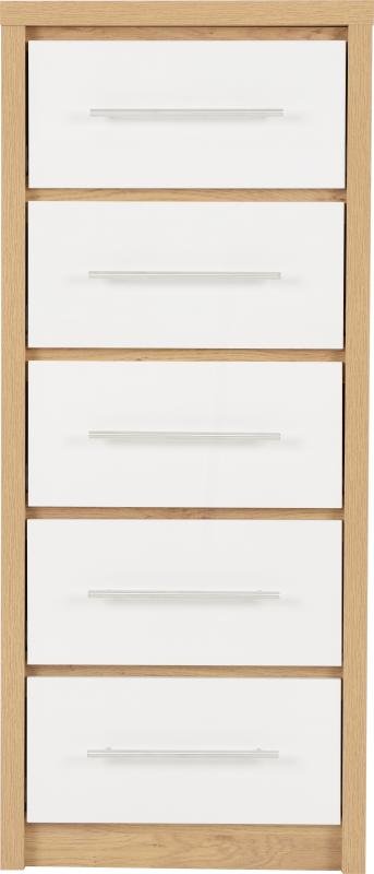 Seville 5 Drawer Narrow Chest in White High GlossLight Oak Effect Veneer - Image 7